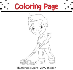 little boy mopping floor coloring book page