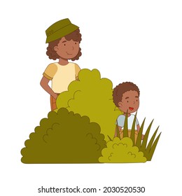 Little Boy with Mother as Traveler on Safari Tour Sitting in Bush Watching Animal Vector Illustration