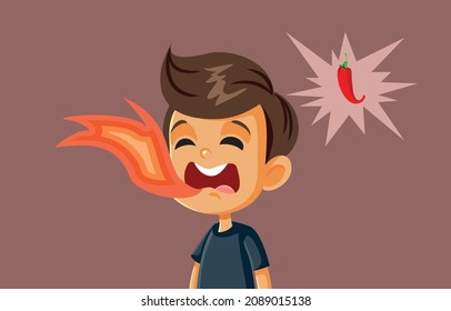 
Little Boy with Mouth in Flames After Eating Chili Spicy Food Vector Cartoon. Child having a piquant taste in their mouth from a red paprika spice
