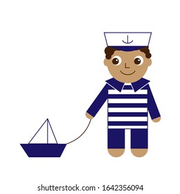 Little boy in navy uniform and sea cap playing with toy boat. Curly child in marine clothes with a ship. Cute vector illustration. Cartoon style image. Blue, white and brown. Graphic design for kids.
