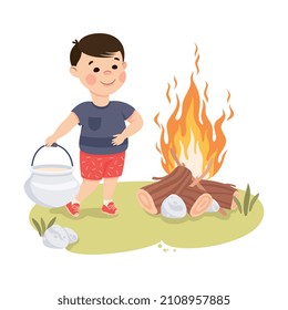 Little Boy Near Campfire Carrying Cauldron with Water Vector Illustration