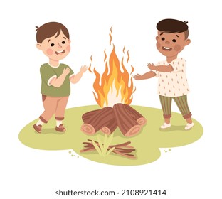 Little Boy Near Campfire Warming Hands Vector Illustration