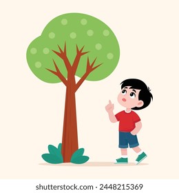 Niño pequeño cerca del árbol que mira hacia arriba la ilustración plana del diseño del personaje de dibujos animados