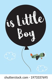 is a little boy new born baby annoucement card with balloon and airplane cartoon vector