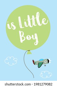 is a little boy new born baby annoucement card with balloon and airplane cartoon vector