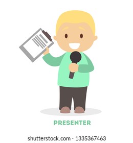 Little boy newscaster. Young character standing with microphone. TV reporter. Anchorman profession. Isolated flat vector illustration