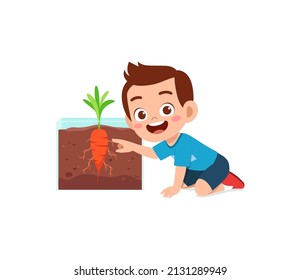 little boy observe plant growing in garden