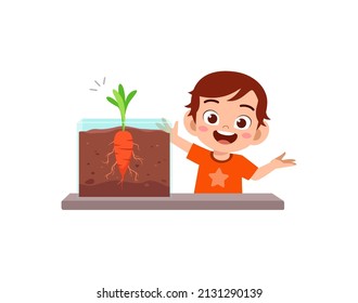 little boy observe plant growing in garden