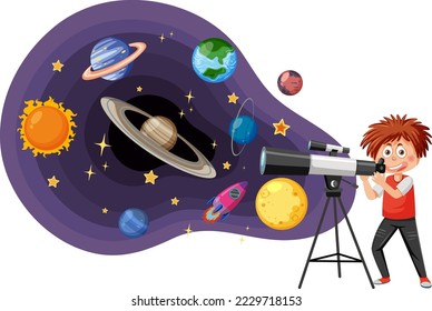 Little boy observing the sky with a telescope illustration