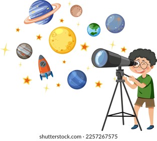 Little boy observing the sky with a telescope illustration