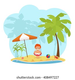 little boy on the beach. boy with a circle on the beach of the ocean. boy on the beach of a tropical island. boy standing on the beach with an inflatable toy. vector