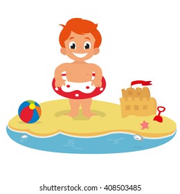 little boy on the beach. boy with a circle on the beach of the ocean. boy on the beach of a tropical island. boy standing on the beach with an inflatable toy. vector