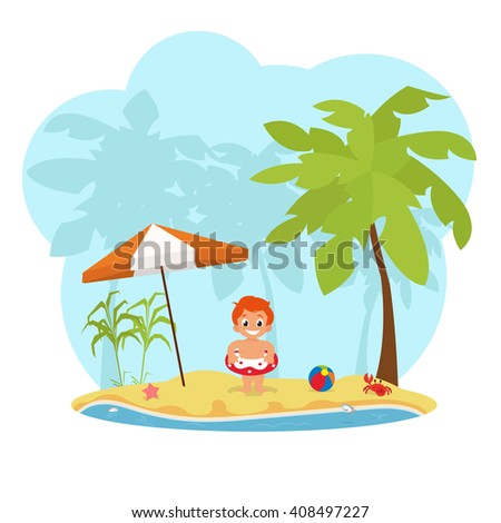 little boy on the beach. boy with a circle on the beach of the ocean. boy on the beach of a tropical island. boy standing on the beach with an inflatable toy. vector
