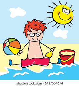 Little boy on the beach, funny vector illustration.	Little child with bucket, shovel and ball.
