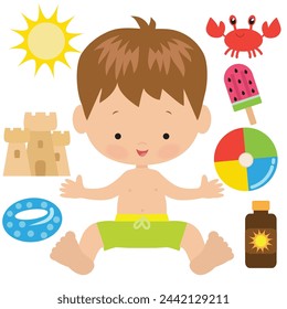 Little boy on the beach vector cartoon illustration