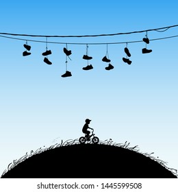 Little boy on bicycle. Vector illustration with silhouette of lonely boy on bike. Shoes hanging on wires. Blue pastel background
