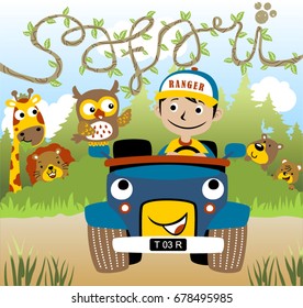 Little boy on car with funny animals in forest, vector cartoon illustration