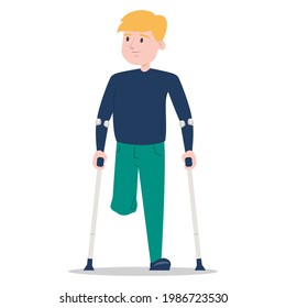 Little boy on crutches vector isolated. Injured kid, amputated leg. Concept of people with disability. Handicapped child. Injured person.