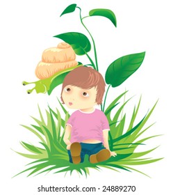The little boy on a grass. CMYK