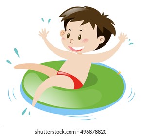 Little boy on green floating ring illustration