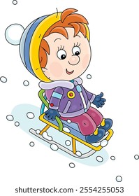 Little boy on his small sled sliding down a snowy slope of a hill on a playground in a winter park, vector cartoon illustration on a white background