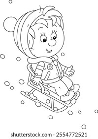 Little boy on his small sled sliding down a snowy slope of a hill on a playground in a winter park, black and white outline vector cartoon illustration for a coloring book