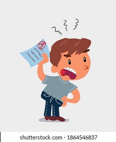  little boy on jeans waving a exam angrily