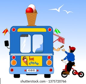 little boy on a red bike buys ice cream, vector
