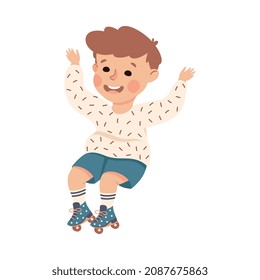 Little Boy on Roller Skates in Skate Park Having Fun and Enjoying Recreational Activity Vector Illustration