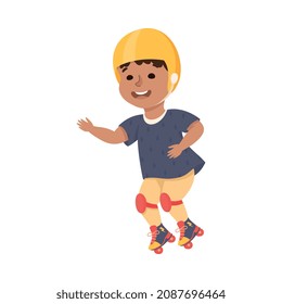 Little Boy on Roller Skates in Skate Park Wearing Protective Helmet and Kneepads Having Fun and Enjoying Recreational Activity Vector Illustration