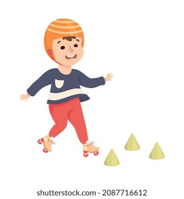 Little Boy on Roller Skates in Skate Park Wearing Protective Helmet Having Fun and Enjoying Recreational Activity Vector Illustration