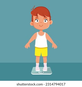 
Little Boy on a Scale Weighing Herself Vector Cartoon Illustration. Child healthy development measured in weight gains by age 
