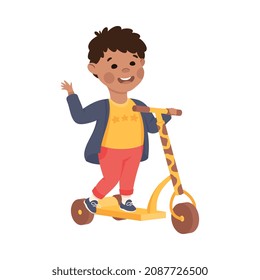 Little Boy on Scooter in Skate Park Having Fun and Enjoying Recreational Activity Vector Illustration