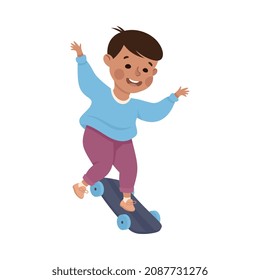 Little Boy on Skateboard in Skate Park Having Fun and Enjoying Recreational Activity Vector Illustration