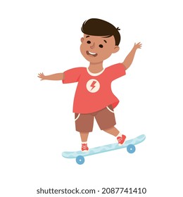 Little Boy on Skateboard in Skate Park Having Fun and Enjoying Recreational Activity Vector Illustration