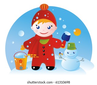 A little boy on a winter walk and his Snowman