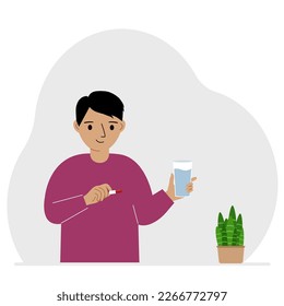 A little boy in one hand holds medicine or a pill in another glass of water. The concept of taking medicine to treat diseases, taking vitamins or food supplements with water. Vector flat illustration