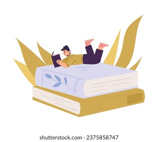 Little Boy with Open Book Lying on Huge Book Reading Interested with Story Vector Illustration