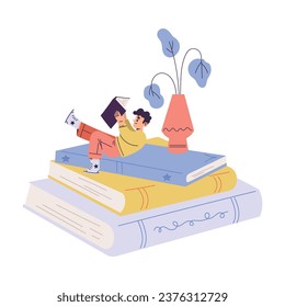 Little Boy with Open Book Lying on Huge Book Reading Interested with Story Vector Illustration
