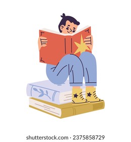 Little Boy with Open Book Sitting on Pile Reading Interested with Story Vector Illustration