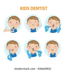 The little boy opening his mouth wide to the dentist examination of the oral cavity.vector illustrations