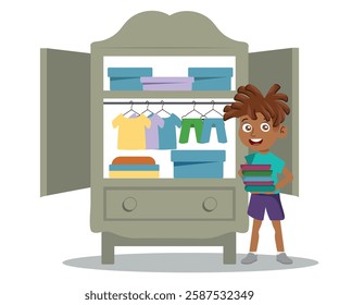 Little boy organizing his wardrobe, child helping with household activities, vector illustration.