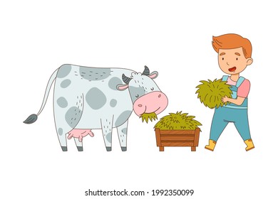 Little Boy in Overall Feeding Cow with Grass Working on the Farm Vector Illustration