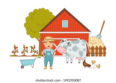Little Boy in Overall and Straw Hat Standing in the Yard Near Barn with Livestock Vector Illustration