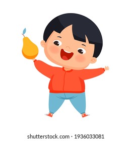 Little Boy with Overweight and Body Fat Holding Pear as Dietary Eating Vector Illustration