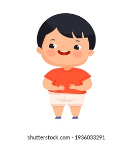 Little Boy with Overweight and Body Fat Standing and Touching His Belly Vector Illustration