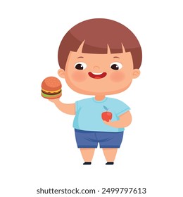Little Boy with Overweight and Body Fat Holding Apple and Hamburger Vector Illustration