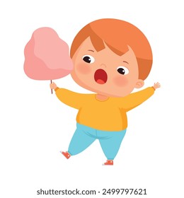 Little Boy with Overweight and Body Fat Holding Candy Floss Vector Illustration