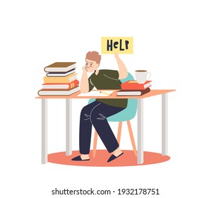 Little boy overwhelmed with homework sitting sad at school desk with books and textbooks. Depressed pupil tired of learning. Cartoon flat vector illustration