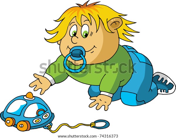 little boy with a pacifier in his mouth is playing\
with a toy;